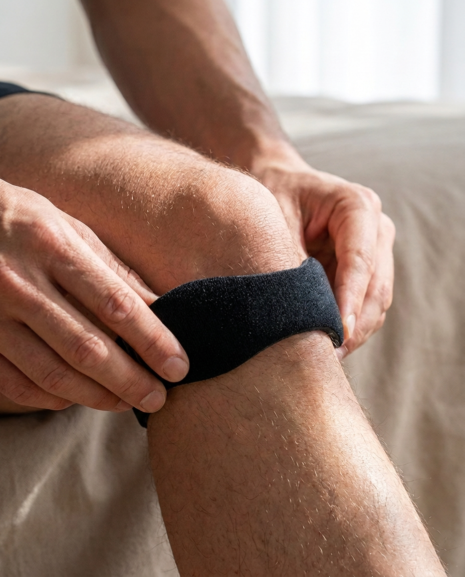Persona che regola la fascia rotulea a casa
